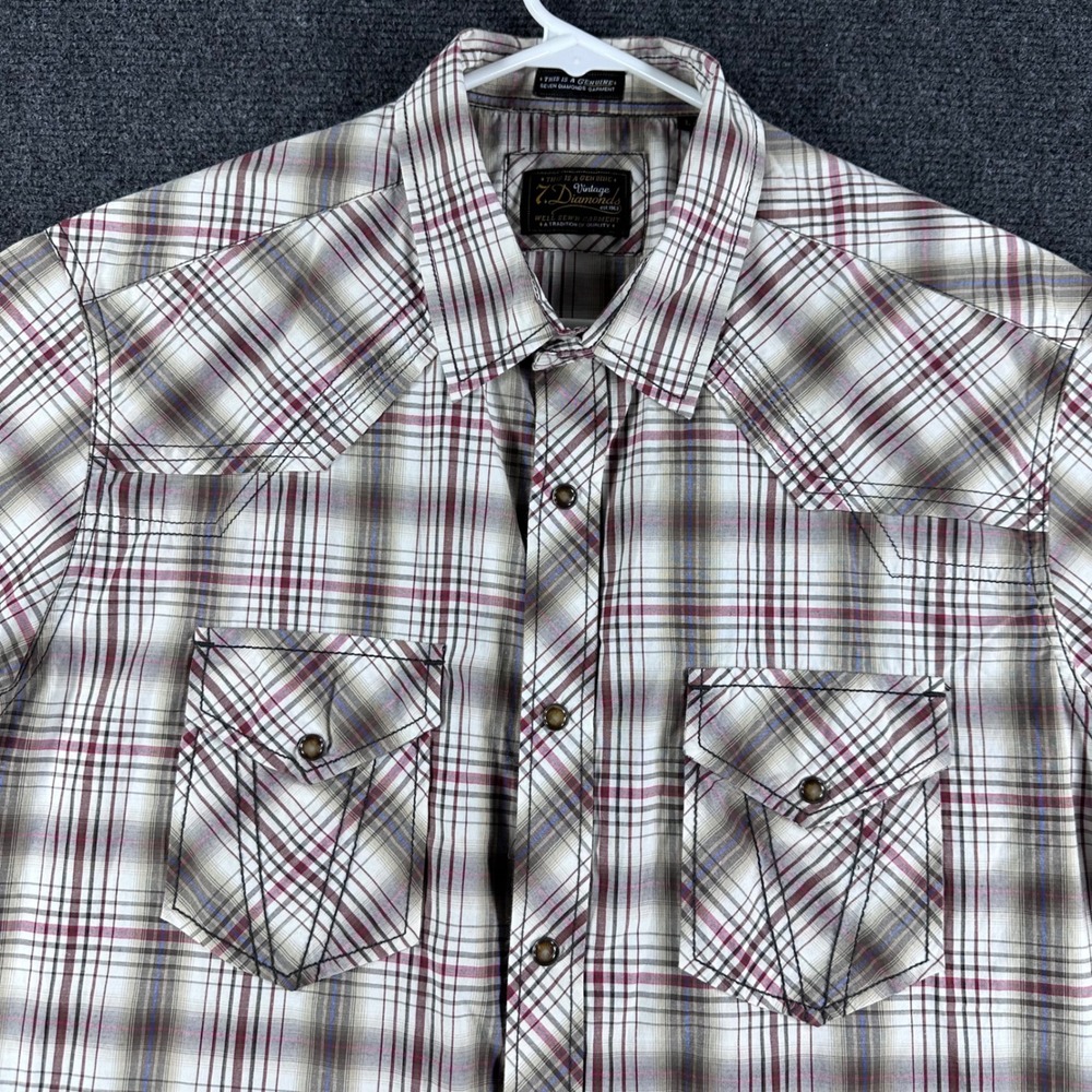 7 Diamonds Afterglow Mens Large Plaid Western Snap Short Sleeve Shirt Tan Red - Picture 4 of 13
